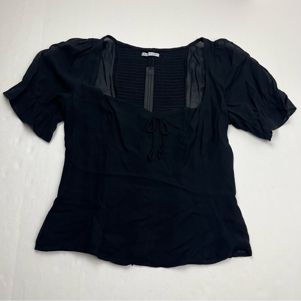 Reformation Delevan Bow Top Blouse Womens Size 10 Black Back Smocked Zipper